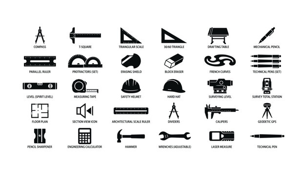 Engineering and surveying tools collection, vector flat icons with labels on transparent background.