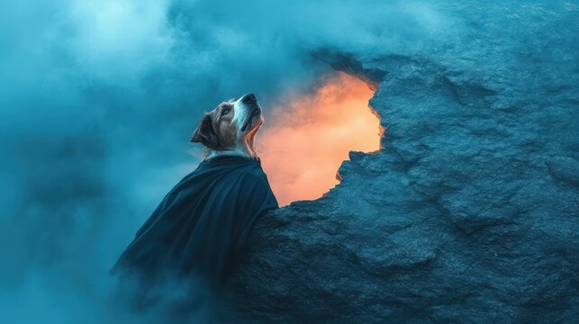 Cloaked dog on a misty rocky ledge gazing toward a warm glowing cave opening, evoking wonder, mystery and heroic adventure
