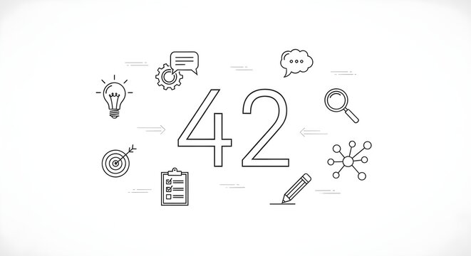 Conceptual illustration of the number 42 surrounded by business icons representing ideas, strategy, problem-solving, and solutions on a white background.