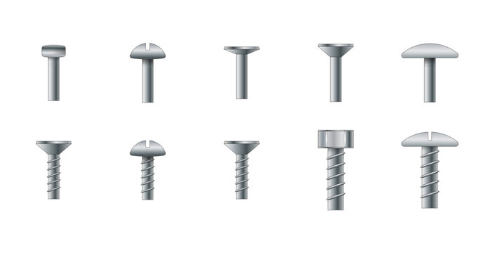 Metal Nail and screw head vector design. Metal screw, rivet and bolt heads and steel nail, vector illustration.