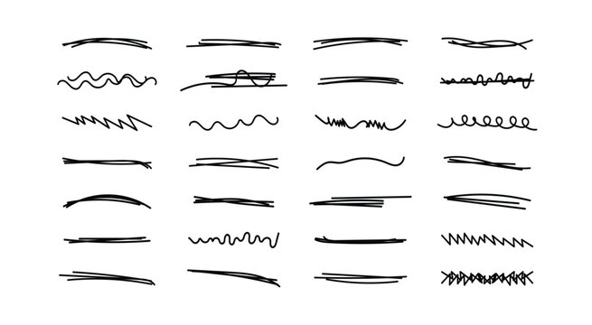Black scribble underlines vector scribble highlighter design. Hand drawn marker lines and scribbles including wavy and zigzag elements, vector Illustration.