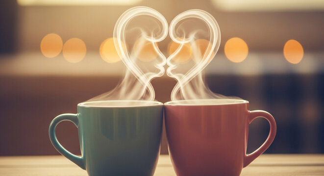 Couple love heart steam, romantic coffee cups, warm beverages, relationship goals