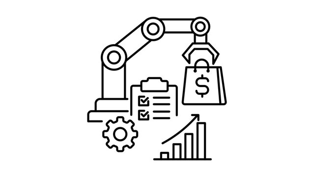Sales Automation and Robotic Process Automation Concept Vector Icon Illustration with Editable Stroke. Features a Robot Arm holding a Shopping Bag, Checklist, Gear, and Growth Chart for Business.