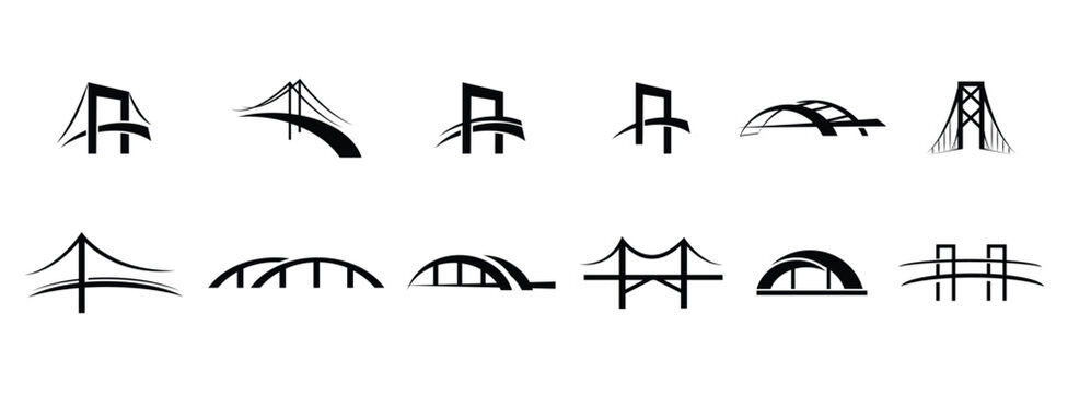 Different Bridge logo vector icon design. Comprehensive collection of various bridge silhouettes and archway icons. different types of bridges, suspension, arch, and beam bridges, vector illustration.