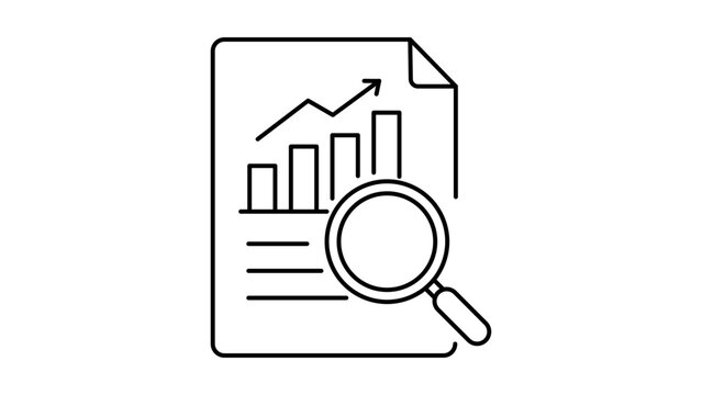 Sales Report and Data Analysis Editable Stroke Vector Icon. Minimalist black line illustration of a document with bar chart, growth graph, and magnifying glass for business audit and research.