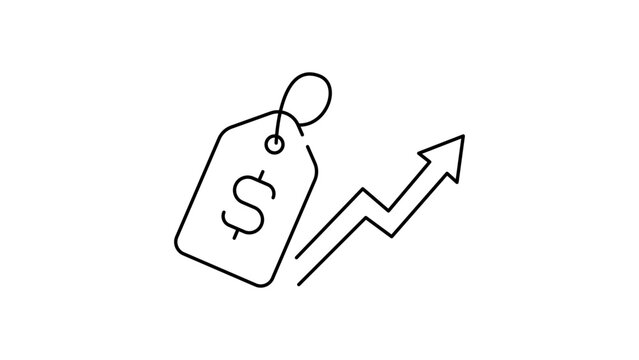 Rising Price Tag and Upward Arrow Minimalist Black Line Vector Icon Representing Inflation, Profit Growth, and Upsell Opportunity, Editable Stroke Illustration for Business and Finance.