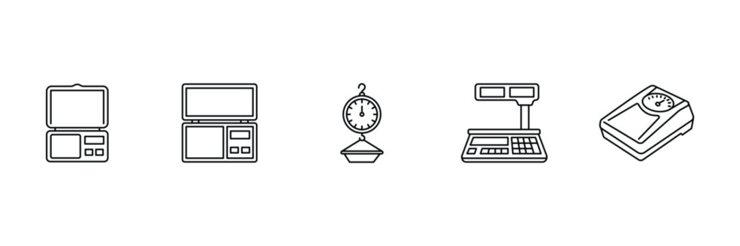 Weight machine icon set featuring pocket digital scale jewelry balance hanging spring scale commercial retail price computing and kitchen scale.