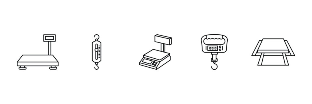Weight machine icon set featuring industrial platform scale mechanical spring balance retail bench scale digital luggage hook and truck scale.