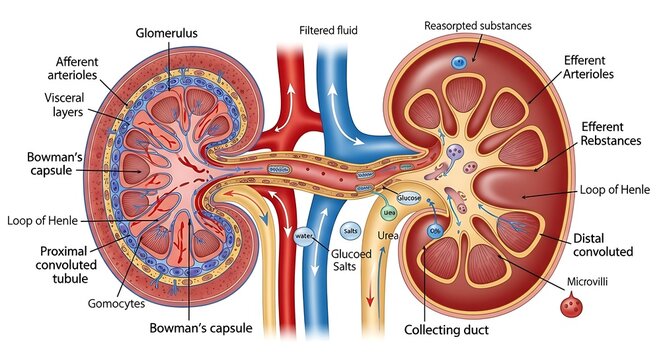 Diagram of human kidney anatomy and physiological function, illustrating the nephron's role in blood filtration, substance reabsorption, and waste excretion within the renal system