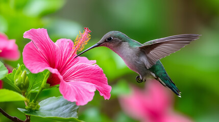 Obraz premium Hummingbird feeding on a vibrant pink hibiscus flower in a lush garden, garden wildlife concept, exotic bird photography, tropical nature scene, defocused background, with copy