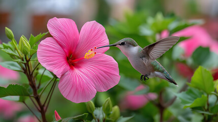 Obraz premium Hummingbird feeding on a vibrant pink hibiscus flower in a lush garden, garden wildlife concept, exotic bird photography, tropical nature scene, defocused background, with copy
