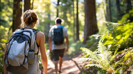 Obraz premium Rear view of hikers walking along a sunlit forest trail surrounded by tall trees, nature exploration concept, eco-tourism photography, outdoor lifestyle, defocused background,