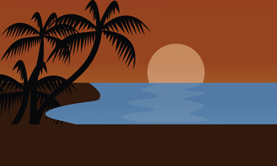 Obraz premium Tropical Sunset Beach Landscape With Palm Silhouette. Stylized tropical beach sunset with palm trees, calm ocean reflection and colorful sky, ideal for travel, vacation, and summer themed designs.