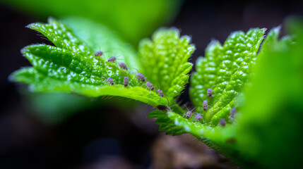 Naklejka premium Close-up of globular springtails clustered on a vibrant green leaf against a dark background, soil biodiversity concept, micro wildlife photography, ecological awareness,