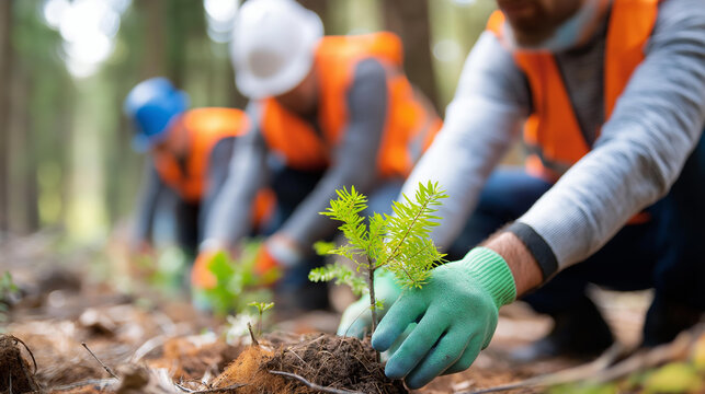 Group of volunteers planting young trees in a cleared forest area together, reforestation concept, environmental campaign, sustainability action, defocused background, with copy