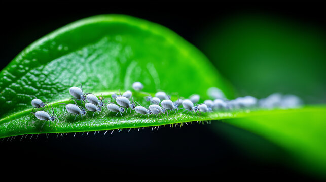 Close-up of globular springtails clustered on a vibrant green leaf against a dark background, soil biodiversity concept, micro wildlife photography, ecological awareness,