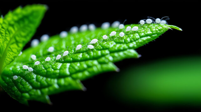 Close-up of globular springtails clustered on a vibrant green leaf against a dark background, soil biodiversity concept, micro wildlife photography, ecological awareness,