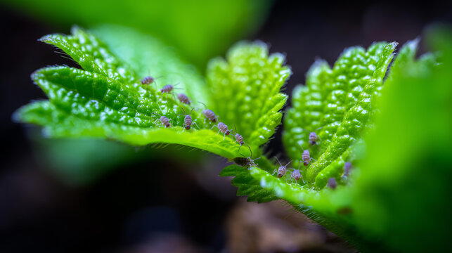 Close-up of globular springtails clustered on a vibrant green leaf against a dark background, soil biodiversity concept, micro wildlife photography, ecological awareness,