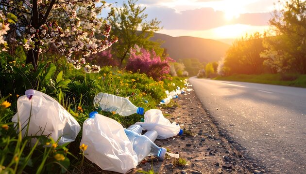 Littered plastic bottles and bags mar a roadside spring bloom at sunset, casting long shadows near mountains