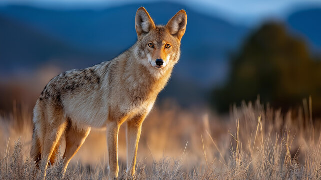 Wild coyote standing alert in a dry grassland at dusk, wildlife observation concept, nature photography, defocused landscape background, with copy space