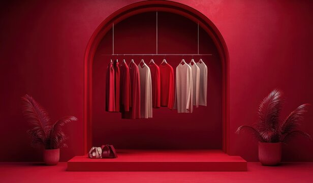dramatic minimalist red boutique alcove with arched niche, hanging red and beige garments on a rail, potted palms, shoes and handbag on raised platform, elegant mood