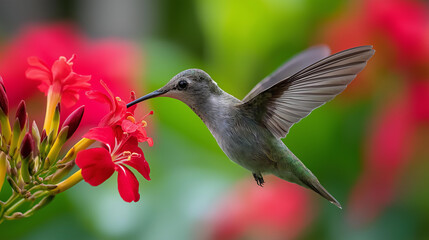 Obraz premium Hummingbird hovering mid-flight while feeding on a vibrant red tropical flower, exotic wildlife concept, garden nature photography, defocused lush background, with copy space
