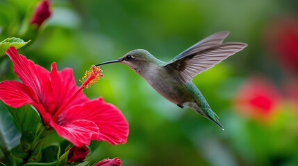 Obraz premium A hummingbird in mid-flight approaching a bright red hibiscus flower in a garden, wildlife action shot concept, garden photography, exotic nature moment, defocused background,