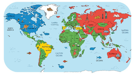 A colorful world map with cartoon illustrations © Maliki