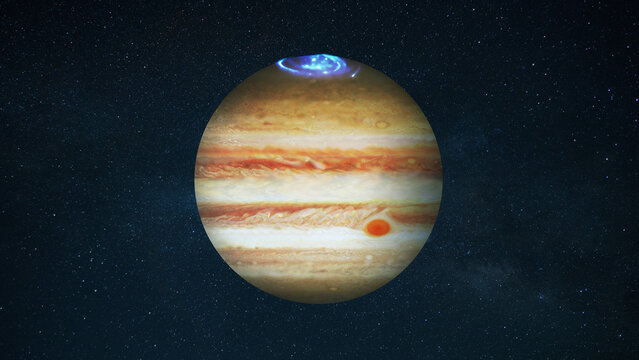 Amazing Jupiter featuring its iconic Great Red Spot and blue auroras at the north pole. The gas giant shines against a dark, star-studded cosmic background. High-detail space art.