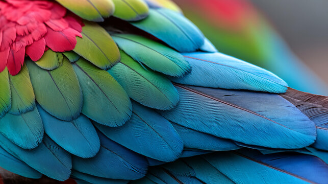 Close-up of colorful tropical bird feathers in red, blue and green tones, exotic wildlife texture concept, feather macro photography, biodiversity detail, with copy space