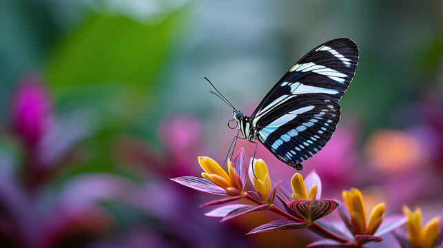Butterfly perched on a tropical orchid with vivid wing patterns in soft summer light, exotic wildlife concept, flower and insect macro photography, defocused background, with copy