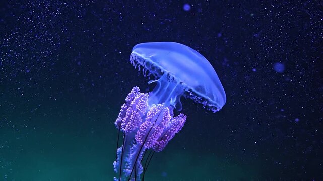 Deep sea jellyfish with bioluminescent blue glow in midnight zone