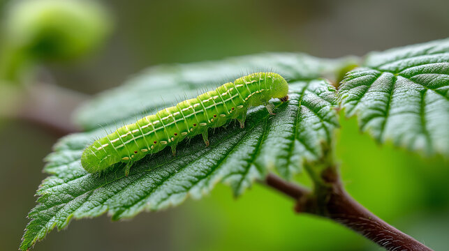 Close-up of a green caterpillar on a fresh leaf with visible texture and details, biodiversity concept, insect macro photography, spring nature, defocused background, with copy