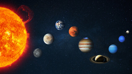 Solar System featuring the Sun with solar flares and planets arranged in a curved composition. High-quality cosmic background with stars, perfect for science education. Amazing space with planets © alones