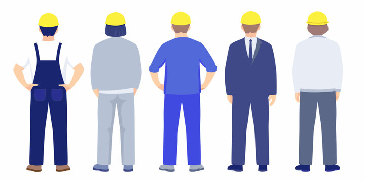 Five figures wearing yellow hard hats back view flat illustration