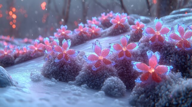 Glowing winter flowers, magical forest, snowy ground, fantasy scene, digital art, website background