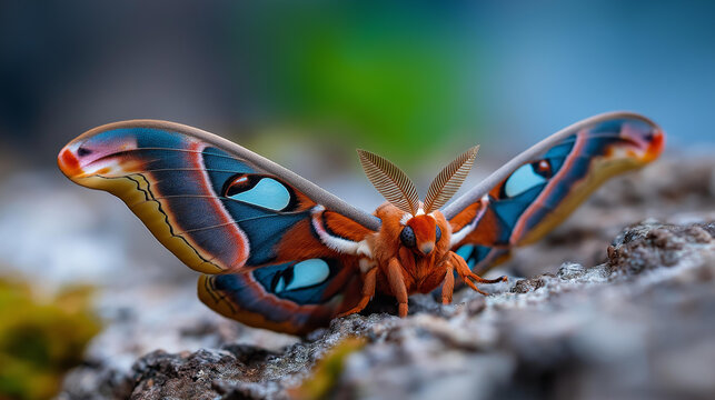 Close-up of a large colorful moth with patterned wings resting on a textured bark surface, nocturnal wildlife concept, insect macro photography, defocused background, with copy