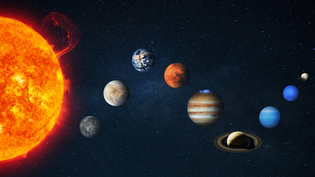 Solar System featuring the Sun with solar flares and planets arranged in a curved composition. High-quality cosmic background with stars, perfect for science education. Amazing space with planets