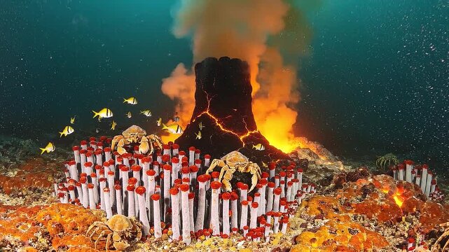 Deep ocean hydrothermal vent ecosystem with tube worms and glow