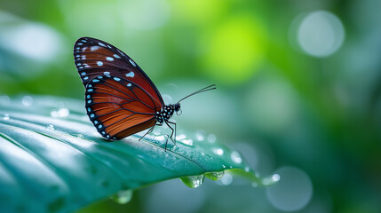 Obraz premium Close-up of a butterfly on a large leaf with water droplets glistening in morning light, spring wildlife concept, nature macro photography, fresh outdoor scene, defocused