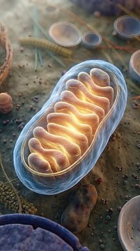Mitochondrion, cellular powerhouse organelle, generating biological energy, featuring folded inner membrane crista, within eukaryotic cytoplasm, essential for metabolic process.