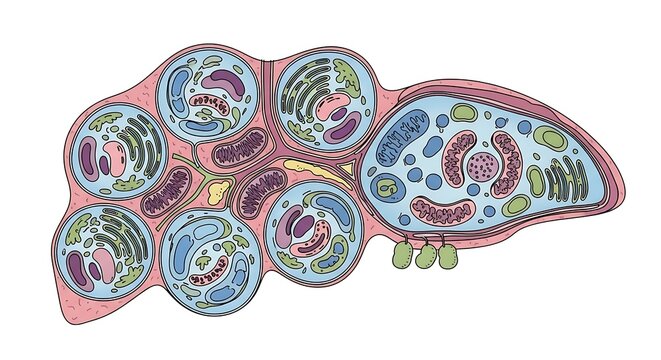Vibrant scientific illustration of a complex eukaryotic plant cell, showcasing internal structures such as chloroplasts, nucleus, mitochondria, and endoplasmic reticulum crucial for life processes