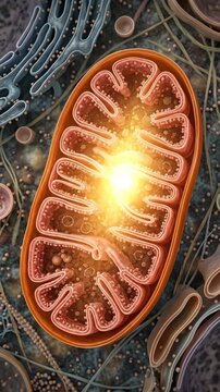 Mitochondrion, essential cellular organelle generating biochemical energy, powering biological metabolism, producing adenosine triphosphate, fueling living process, intricate internal fold.