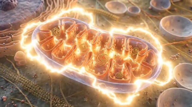 Mitochondrion, a biological powerhouse generating cellular energy, illuminating intricate internal cristae structure, an essential organelle process