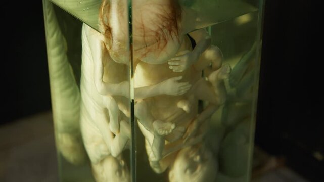 Exhibition of anatomical exhibits. A human infant with the pathological development of anencephaly