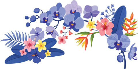 Fototapeta premium Colorful floral arrangement with purple orchids and other tropical flowers on white background