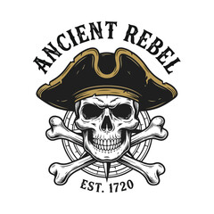 Fototapeta premium Stylized illustration of a pirate skull with crossed bones, wearing an admiral hat, set against a compass rose with 'Ancient Rebel Est. 1720' text, conveying a vintage adventurous mood