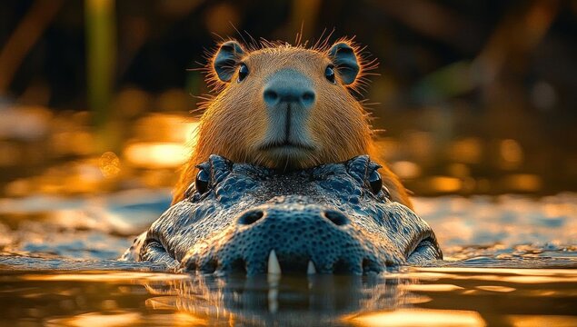 Capybara perched on a large crocodilian head in golden water at sunset, calm and curious expression showing peaceful coexistence