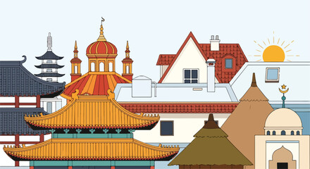 A colorful illustration of diverse architectural styles © Hayatul