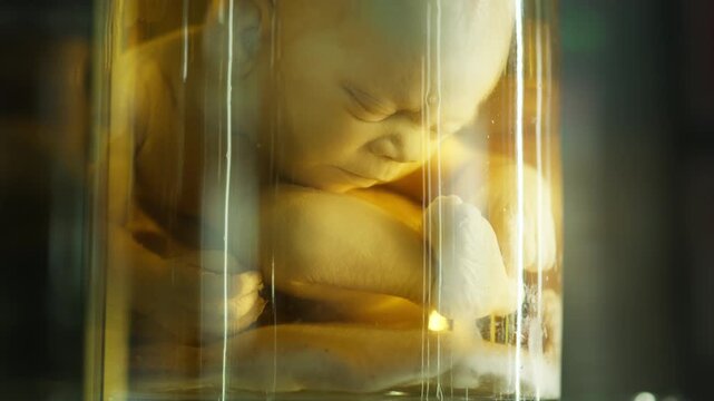 Exhibition of anatomical exhibits. A human infant with the pathological development of anencephaly